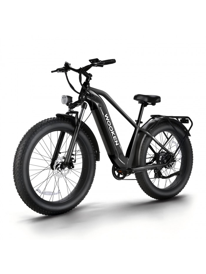 WOOKEN Electric Bike for Adults, 750W Ebike, 25MPH 60Miles Electric Mountain Bike, 26" Fat Tire Electric Bicycle with 48V 15AH Battery, Rear Rack, Lockable Suspension Fork,7 Speed,UL 2849